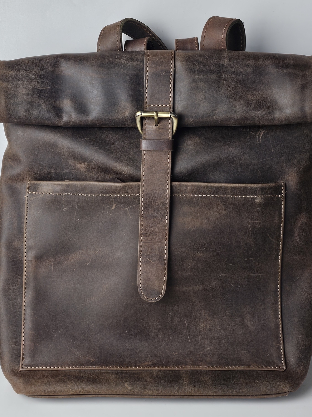 Full-Grain Leather Roll Top Backpack Handcrafted Rustic Brown Artisan Backpack